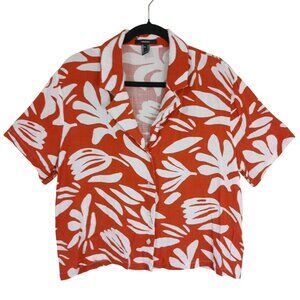 Forever 21 Blouse Tropical Print Orange & White Button-Up Size L Womens